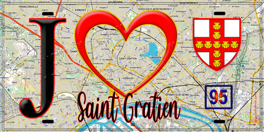 Plaque métal décorative  J' ❤️Saint-Gratien, Val d'Oise (95) fond carte