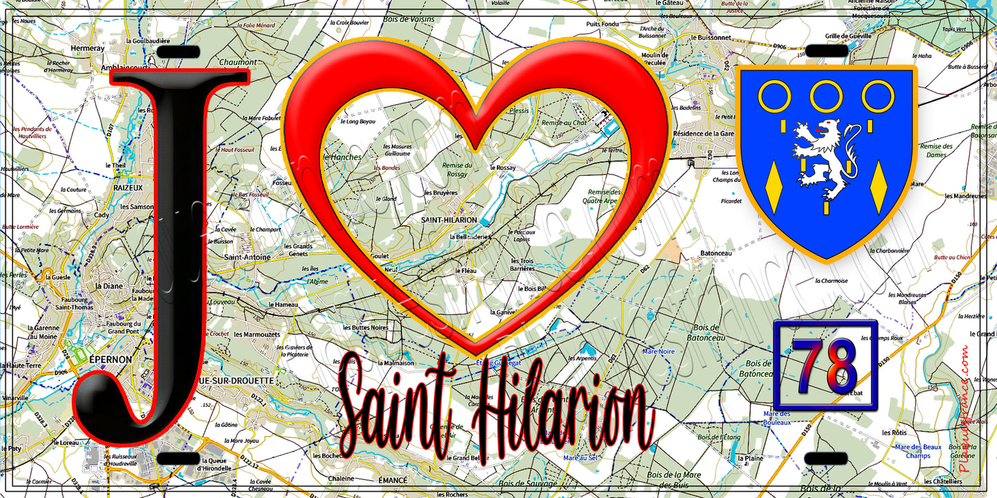Plaque métal décorative  J' ❤️ Saint-Hilarion, Yvelines (78) fond carte