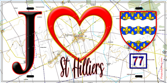 Plaque métal décorative  J' ❤️Saint-Hilliers, Seine et Marne (77) fond carte