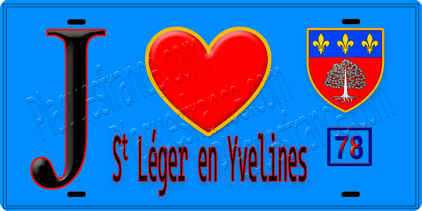 Plaque métal décorative  J' ❤️ Saint-Léger-en-Yvelines, Yvelines (78) fond bleu