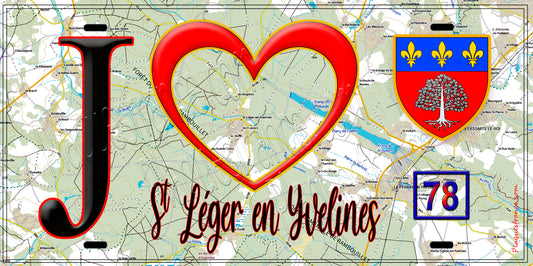Plaque métal décorative  J' ❤️ Saint-Léger-en-Yvelines, Yvelines (78) fond carte
