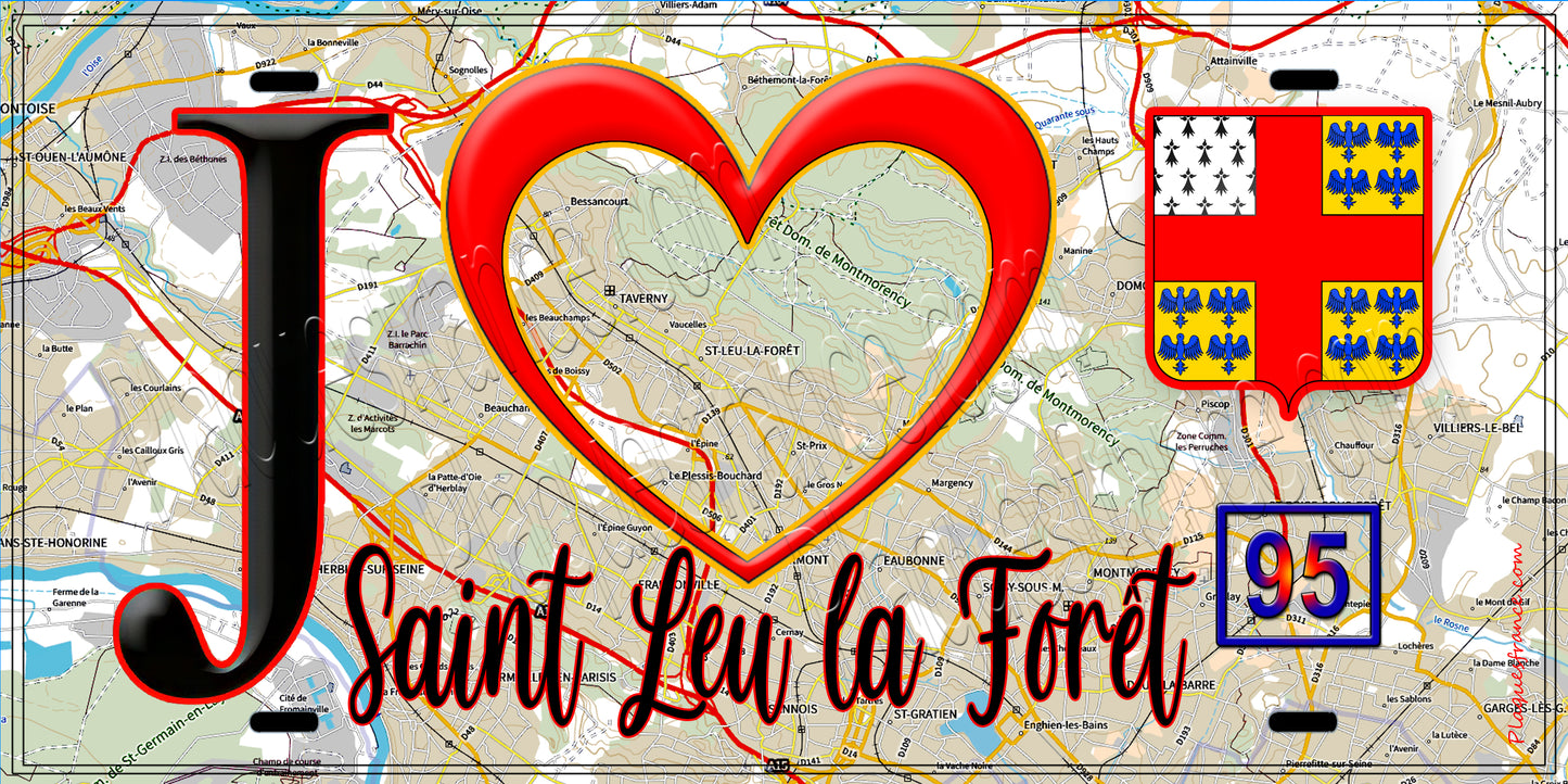 Plaque métal décorative  J' ❤️Saint-Leu-la-Forêt, Val d'Oise (95) fond carte