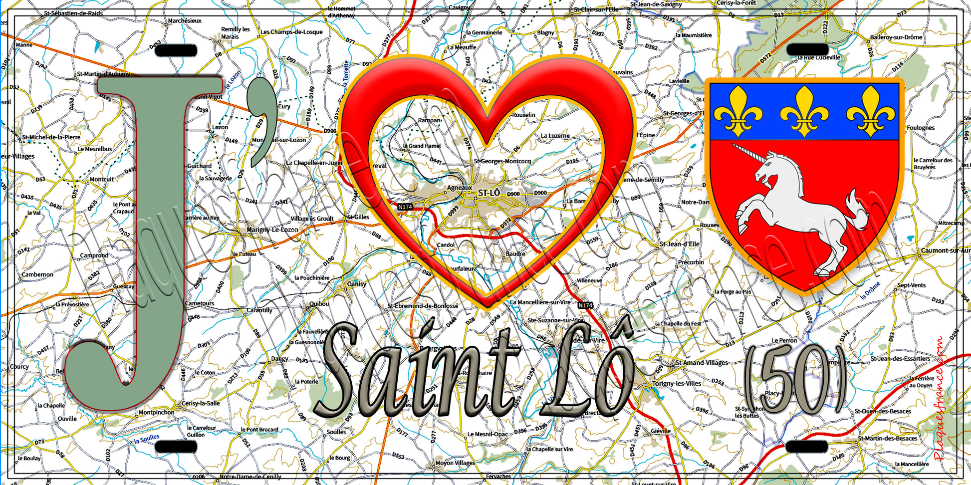 Plaque métal décorative  J' ❤️ Saint Lô, Manche,  (50) géo 2