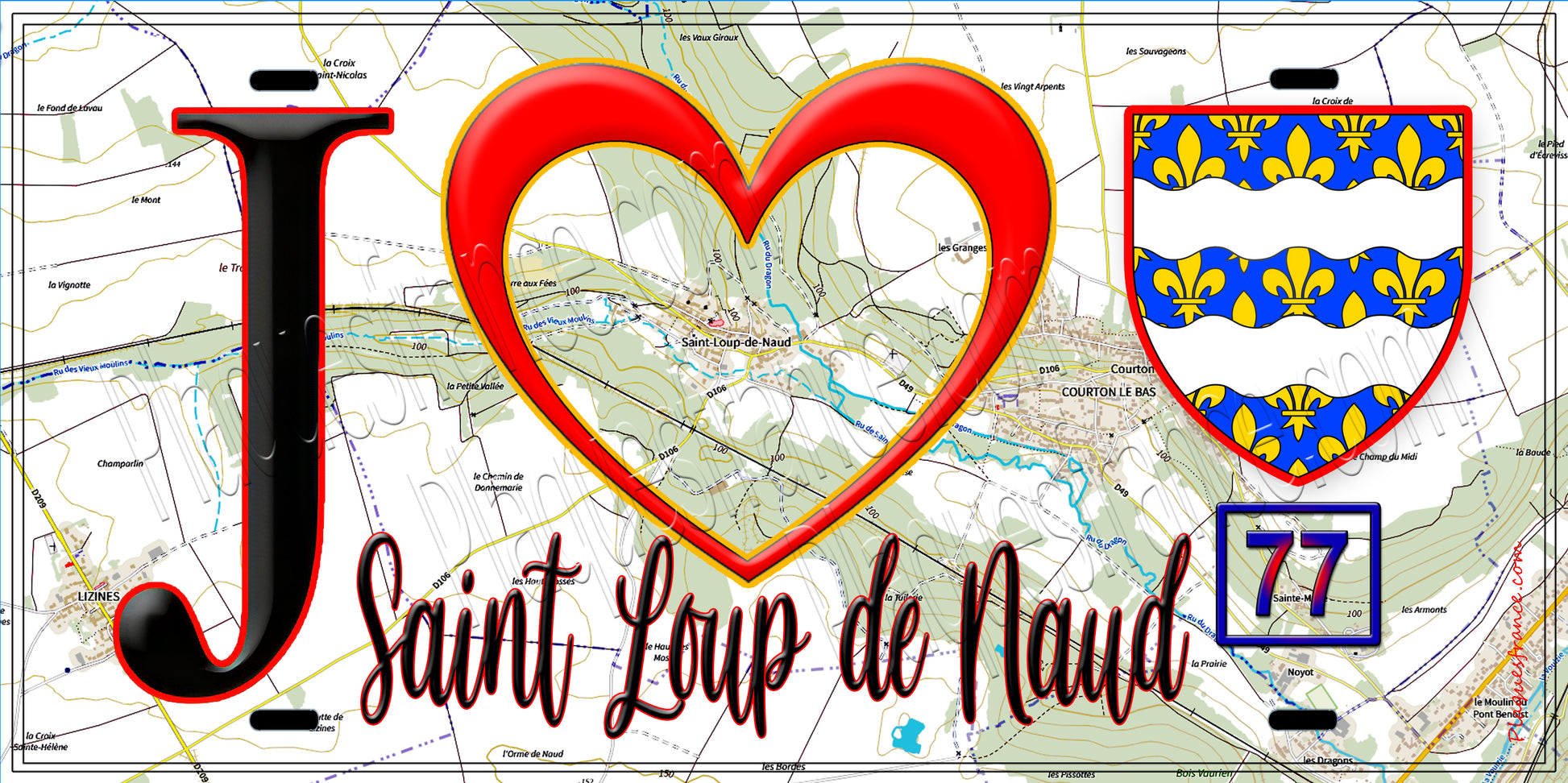 Plaque métal décorative  J' ❤️Saint-Loup-de-Naud, Seine et Marne (77) fond carte