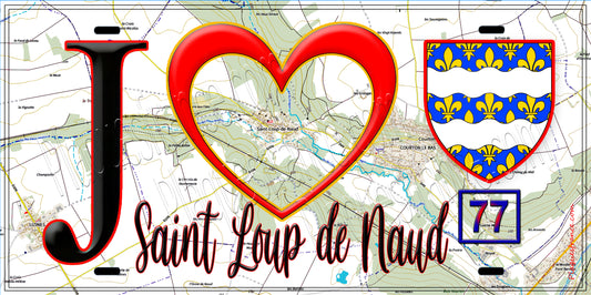 Plaque métal décorative  J' ❤️Saint-Loup-de-Naud, Seine et Marne (77) fond carte