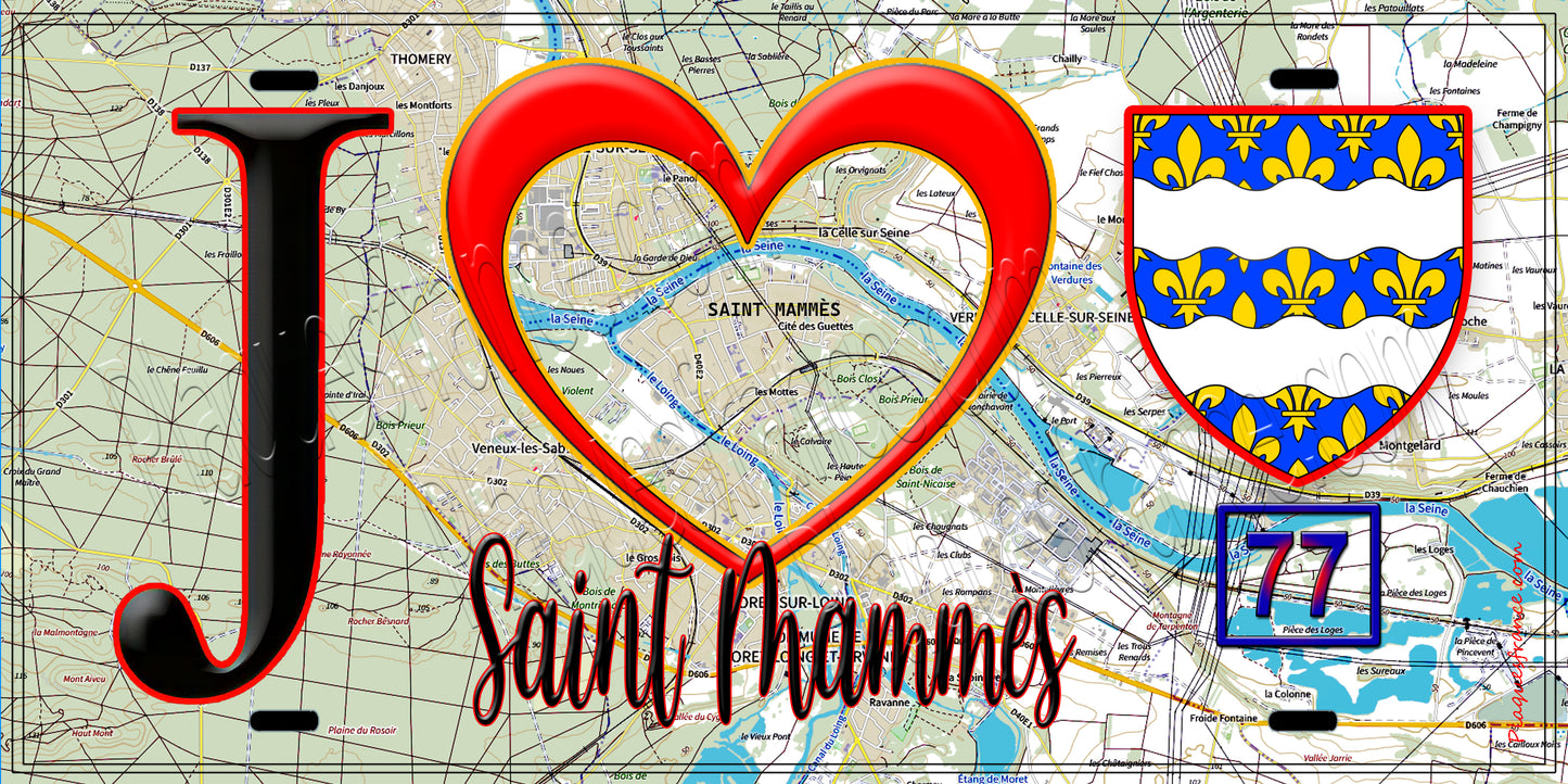 Plaque métal décorative  J' ❤️Saint-Mammès, Seine et Marne (77) fond carte