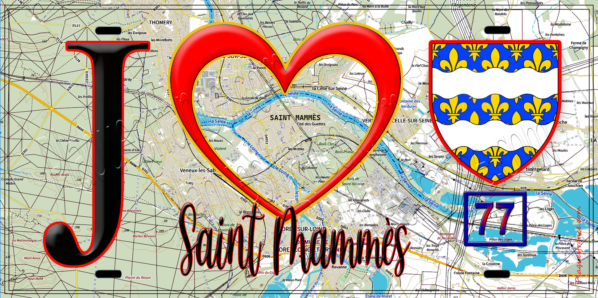 Plaque métal décorative  J' ❤️Saint-Mammès, Seine et Marne (77) fond carte