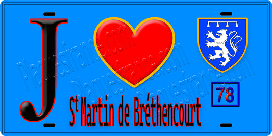 Plaque métal décorative  J' ❤️ Saint-Martin-de-Bréthencourt, Yvelines (78) fond bleu