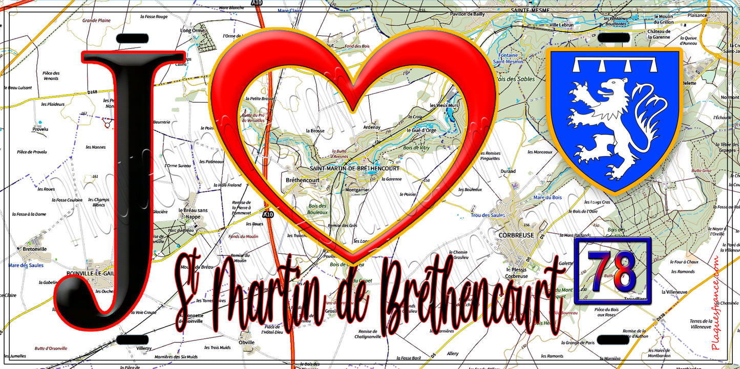 Plaque métal décorative  J' ❤️ Saint-Martin-de-Bréthencourt, Yvelines (78) fond carte