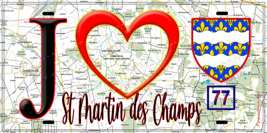 Plaque métal décorative  J' ❤️Saint-Martin-des-Champs, Seine et Marne (77) fond carte