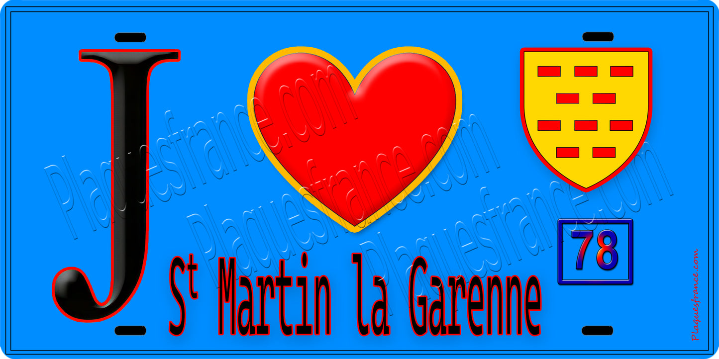 Plaque métal décorative  J' ❤️ Saint-Martin-la-Garenne, Yvelines (78) fond bleu