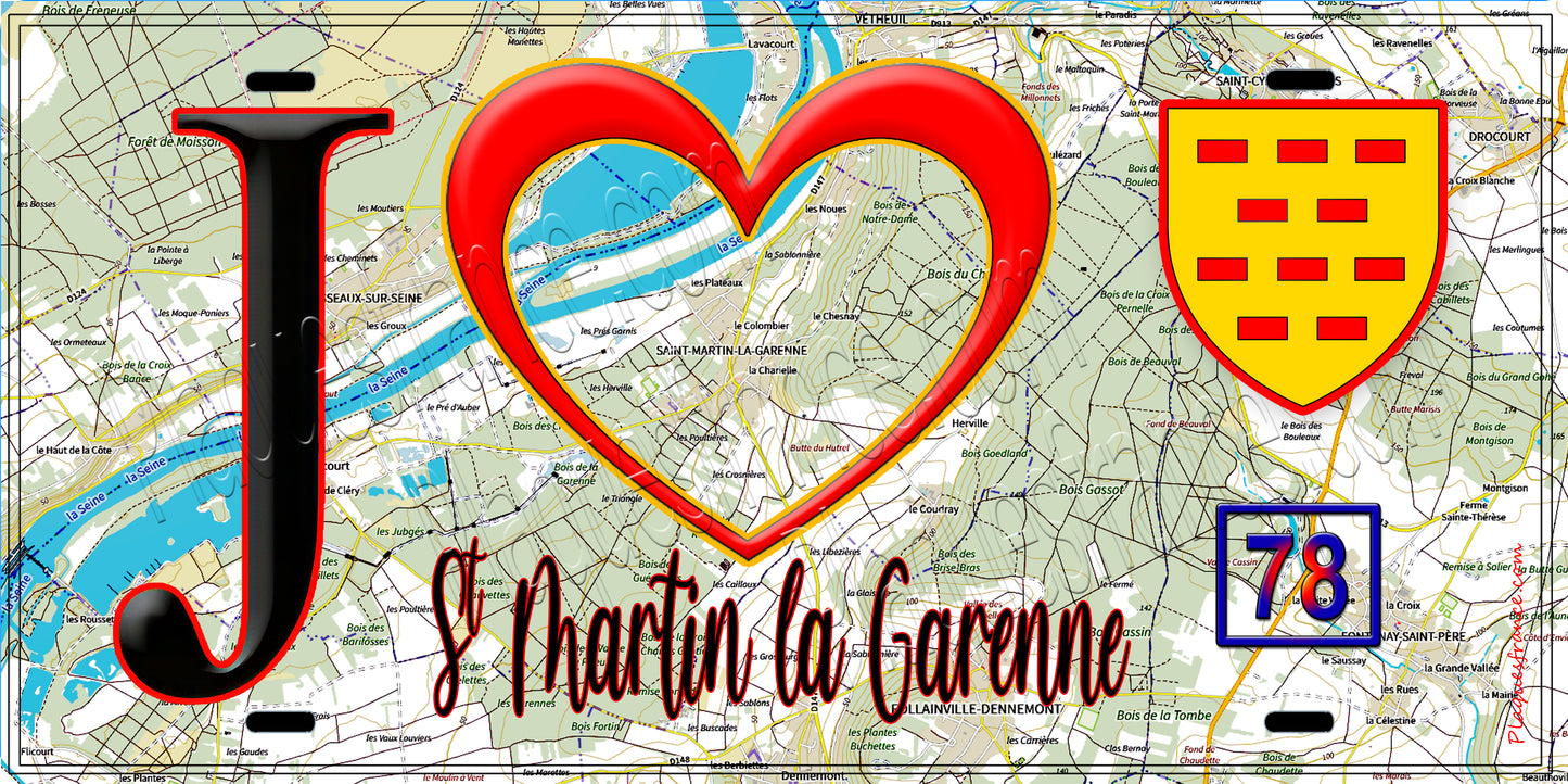 Plaque métal décorative  J' ❤️ Saint-Martin-la-Garenne, Yvelines (78) fond carte