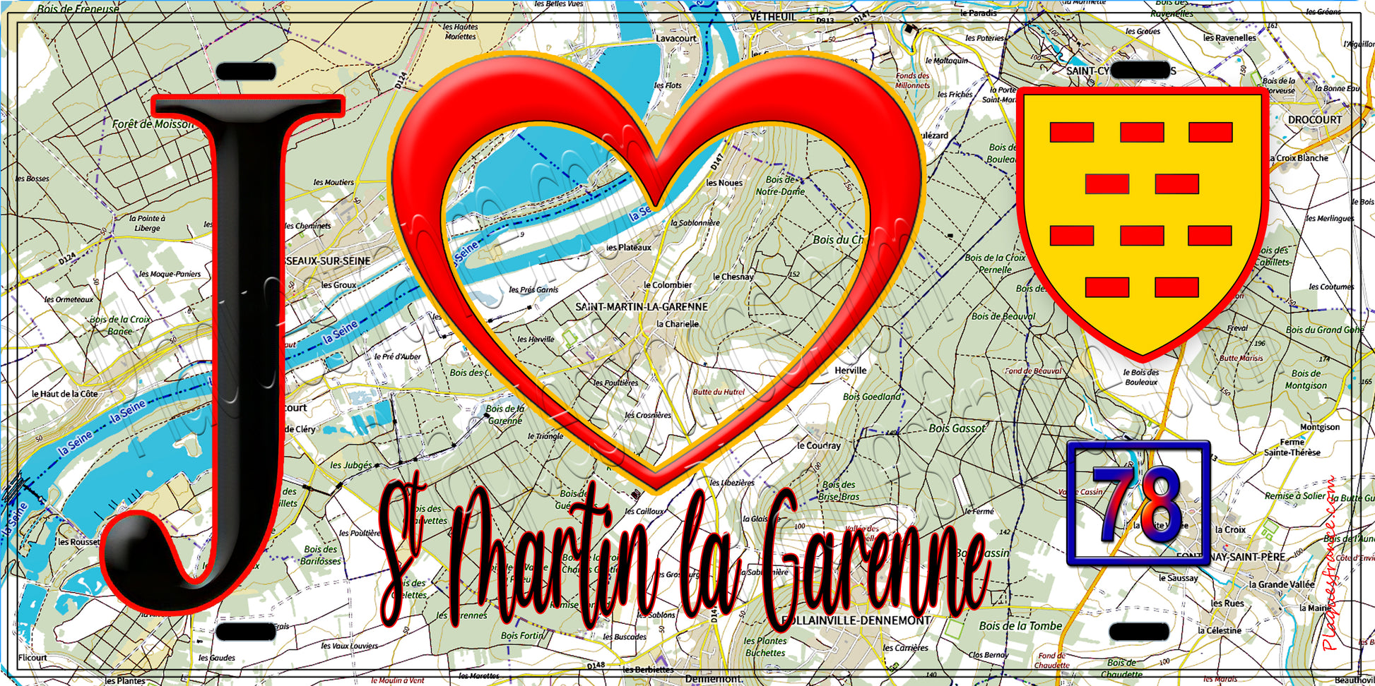 Plaque métal décorative  J' ❤️ Saint-Martin-la-Garenne, Yvelines (78) fond carte