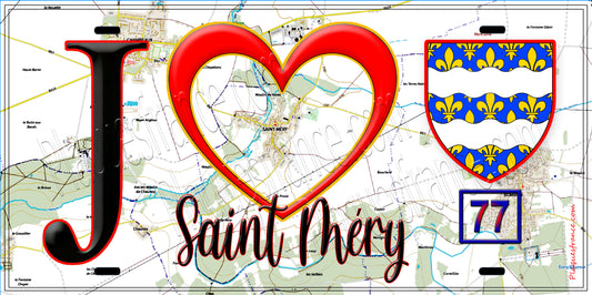 Plaque métal décorative  J' ❤️Saint-Méry, Seine et Marne (77) fond carte