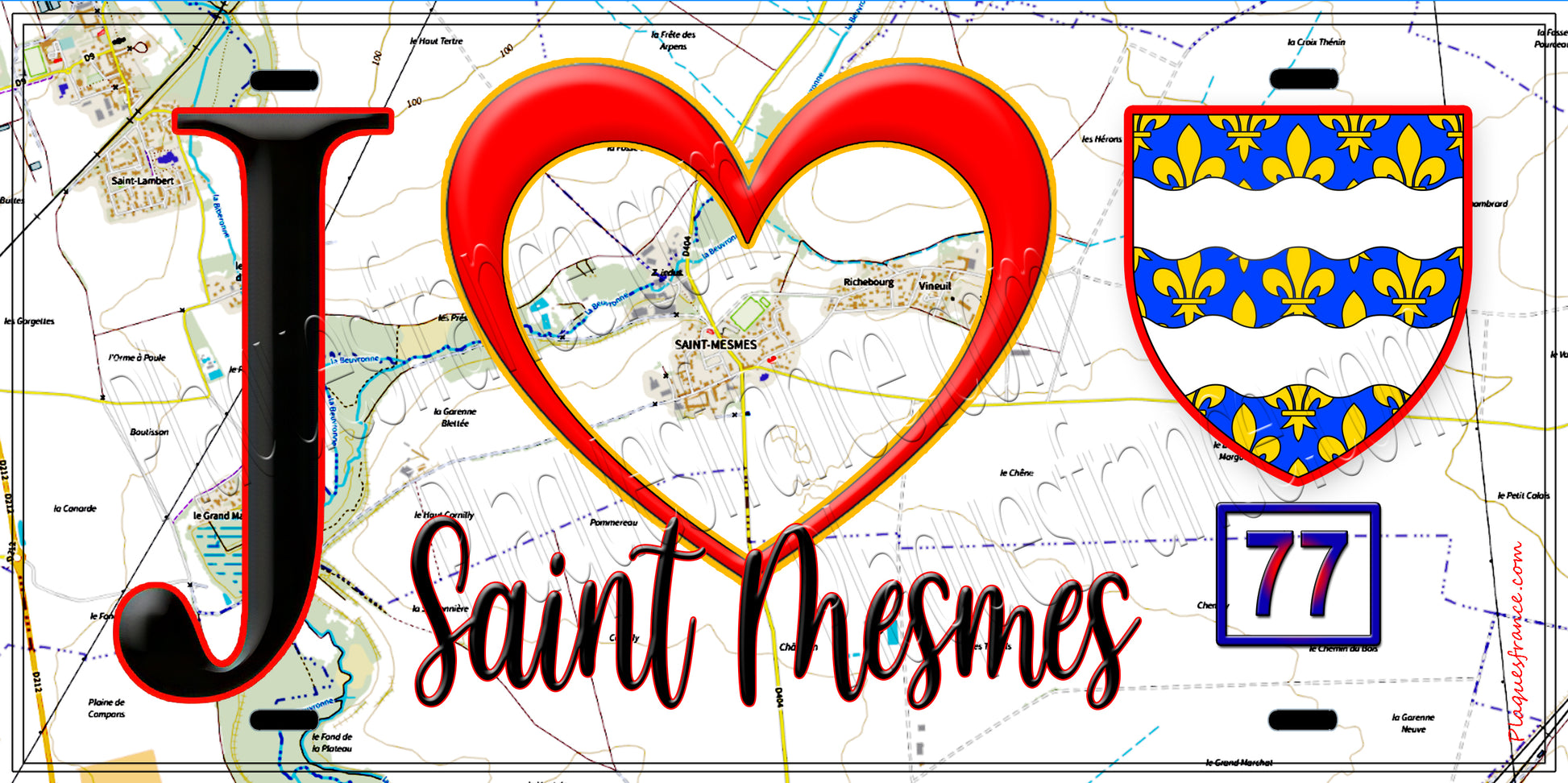 Plaque métal décorative  J' ❤️Saint-Mesmes, Seine et Marne (77) fond bleu