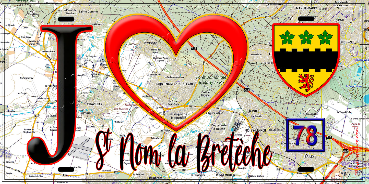 Plaque métal décorative  J' ❤️ Saint-Nom-la-Bretèche, Yvelines (78) fond carte