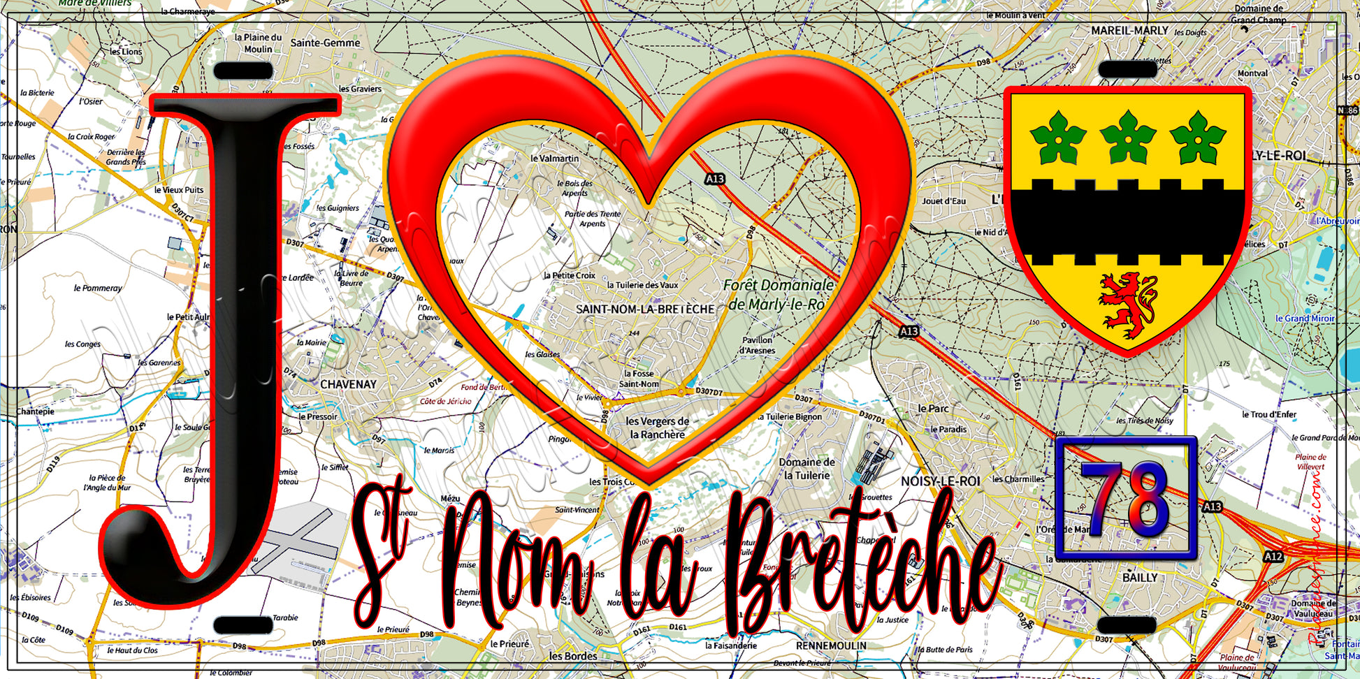 Plaque métal décorative  J' ❤️ Saint-Nom-la-Bretèche, Yvelines (78) fond carte