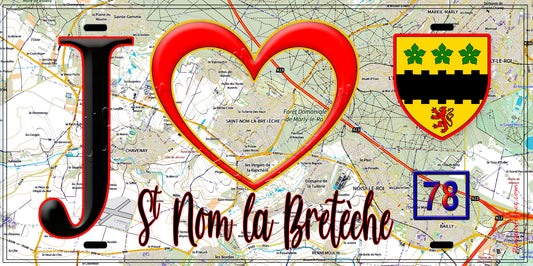 Plaque métal décorative  J' ❤️ Saint-Nom-la-Bretèche, Yvelines (78) fond carte