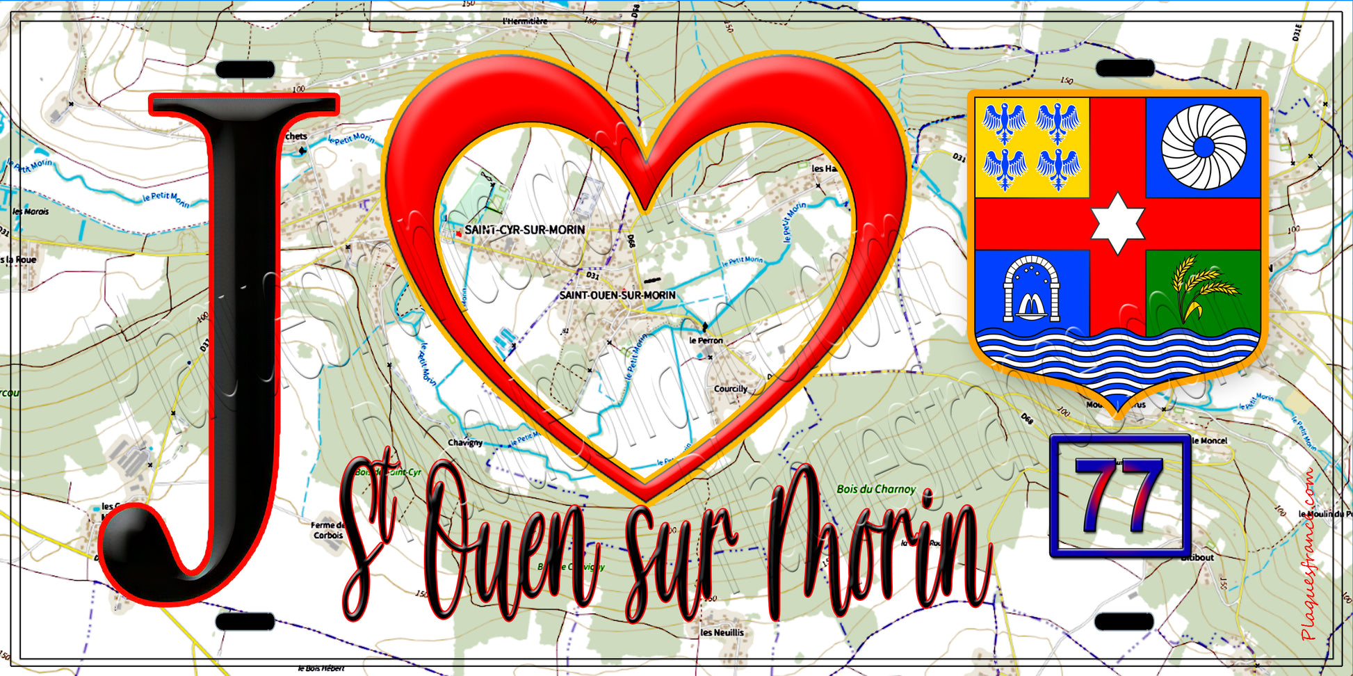 Plaque métal décorative  J' ❤️Saint-Ouen-sur-Morin, Seine et Marne (77) fond carte