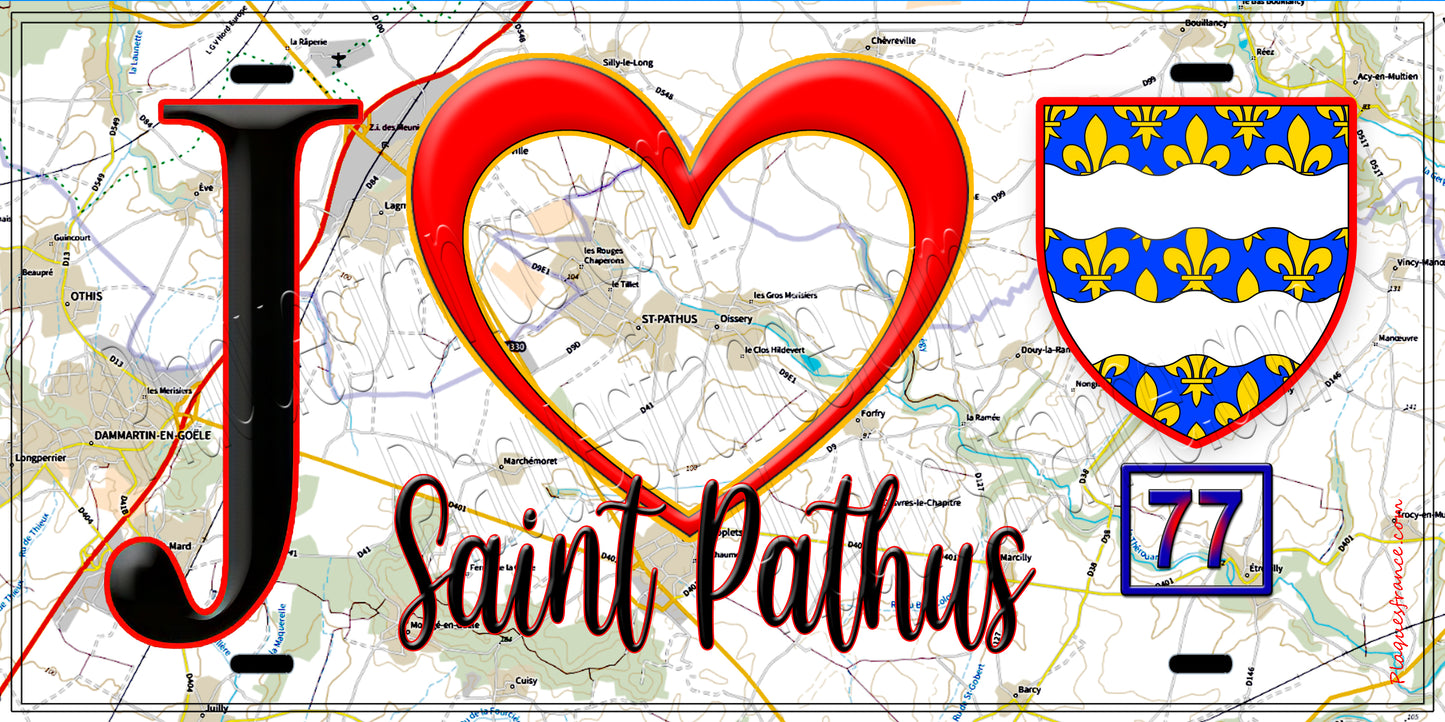 Plaque métal décorative  J' ❤️Saint-Pathus, Seine et Marne (77) fond carte