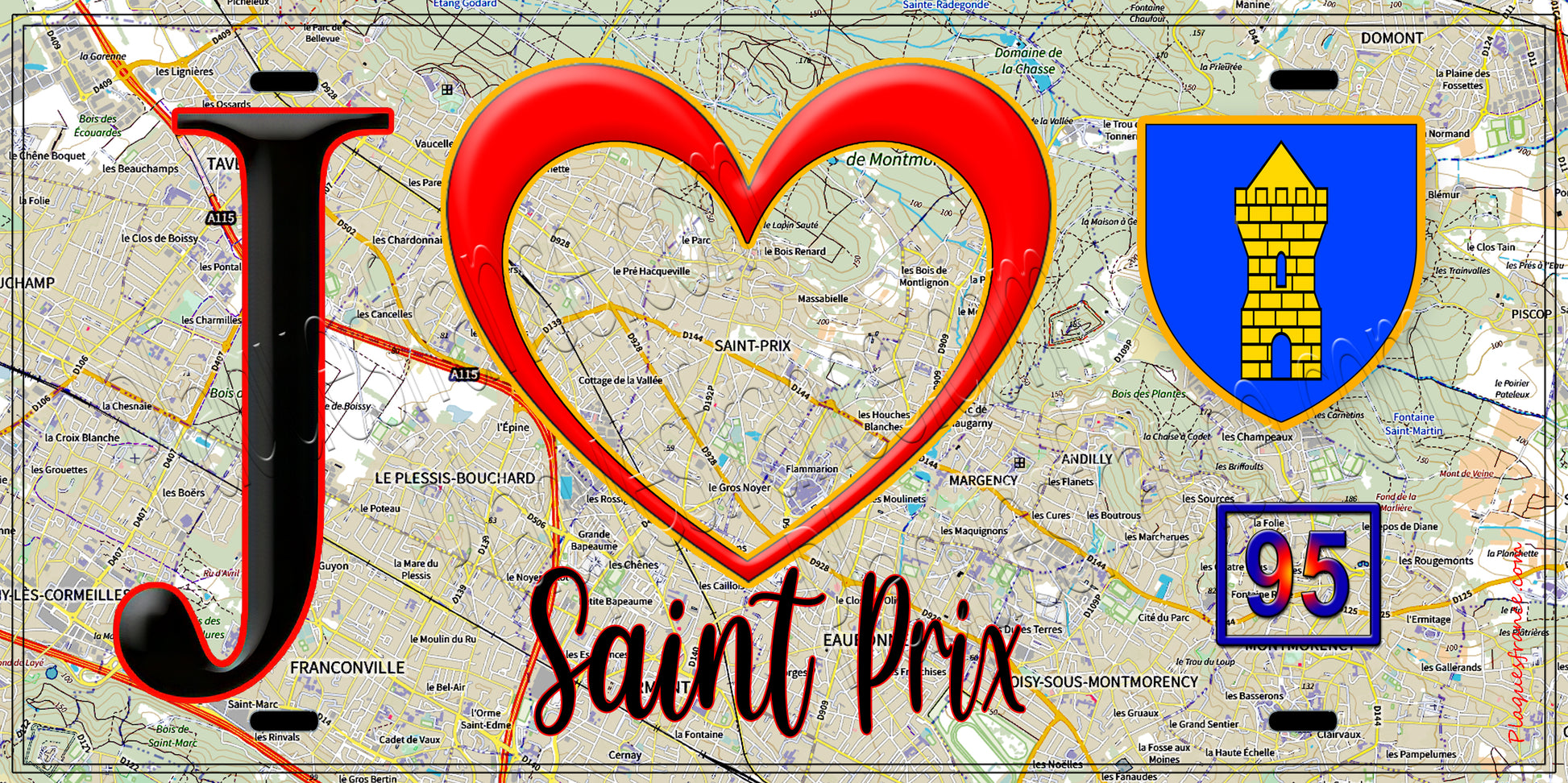 Plaque métal décorative  J' ❤️Saint-Prix, Val d'Oise (95) fond carte