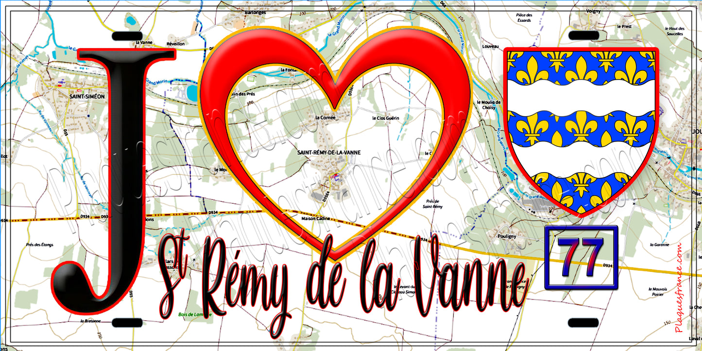 Plaque métal décorative  J' ❤️Saint-Rémy-de-la-Vanne, Seine et Marne (77) fond carte