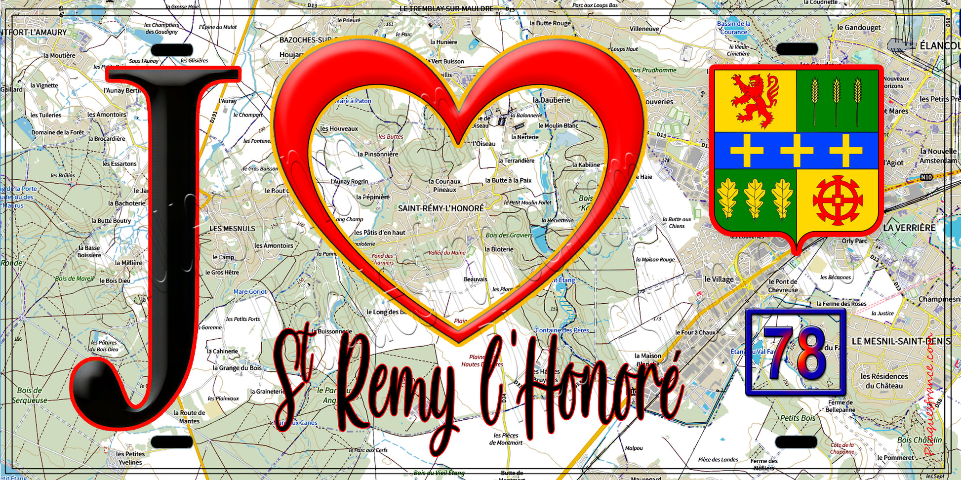 Plaque métal décorative  J' ❤️ Saint-Rémy-l'Honoré, Yvelines (78) fond carte