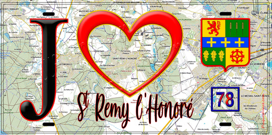Plaque métal décorative  J' ❤️ Saint-Rémy-l'Honoré, Yvelines (78) fond carte