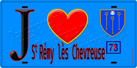 Plaque métal décorative  J' ❤️ Saint-Rémy-lès-Chevreuse, Yvelines (78) fond bleu