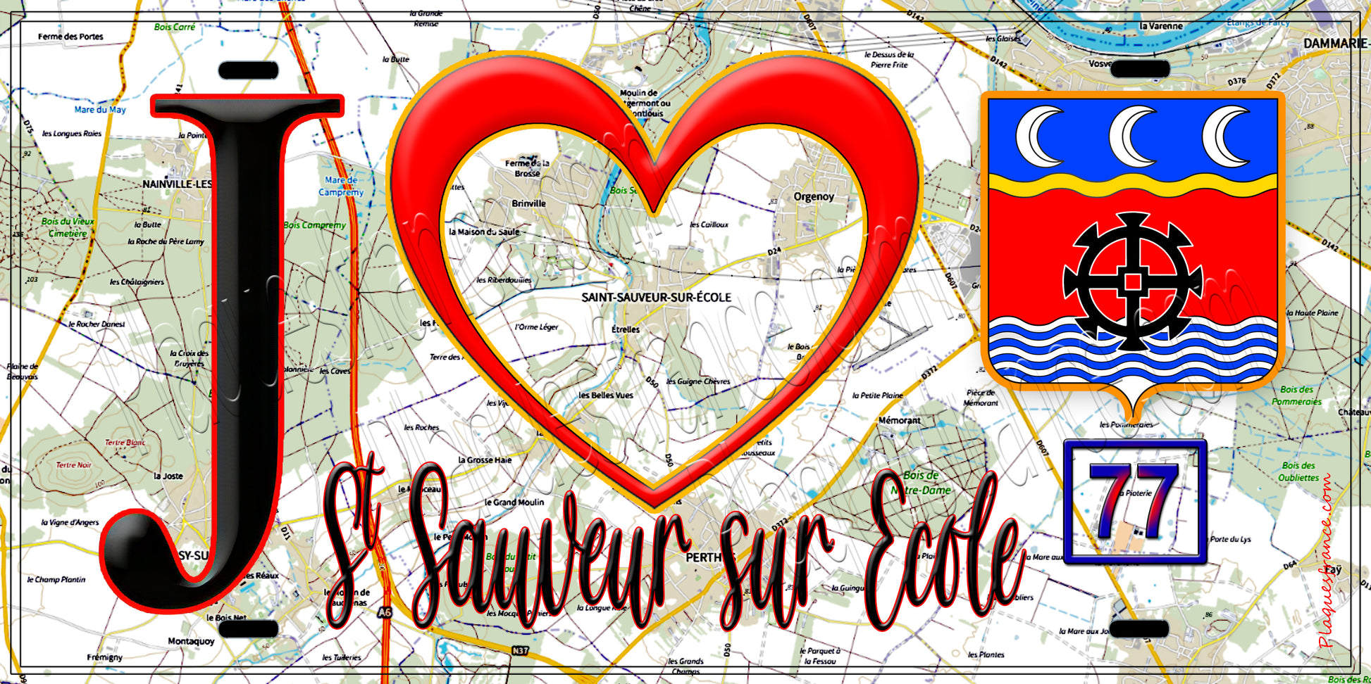 Plaque métal décorative  J' ❤️Saint-Sauveur-sur-École, Seine et Marne (77) fond carte