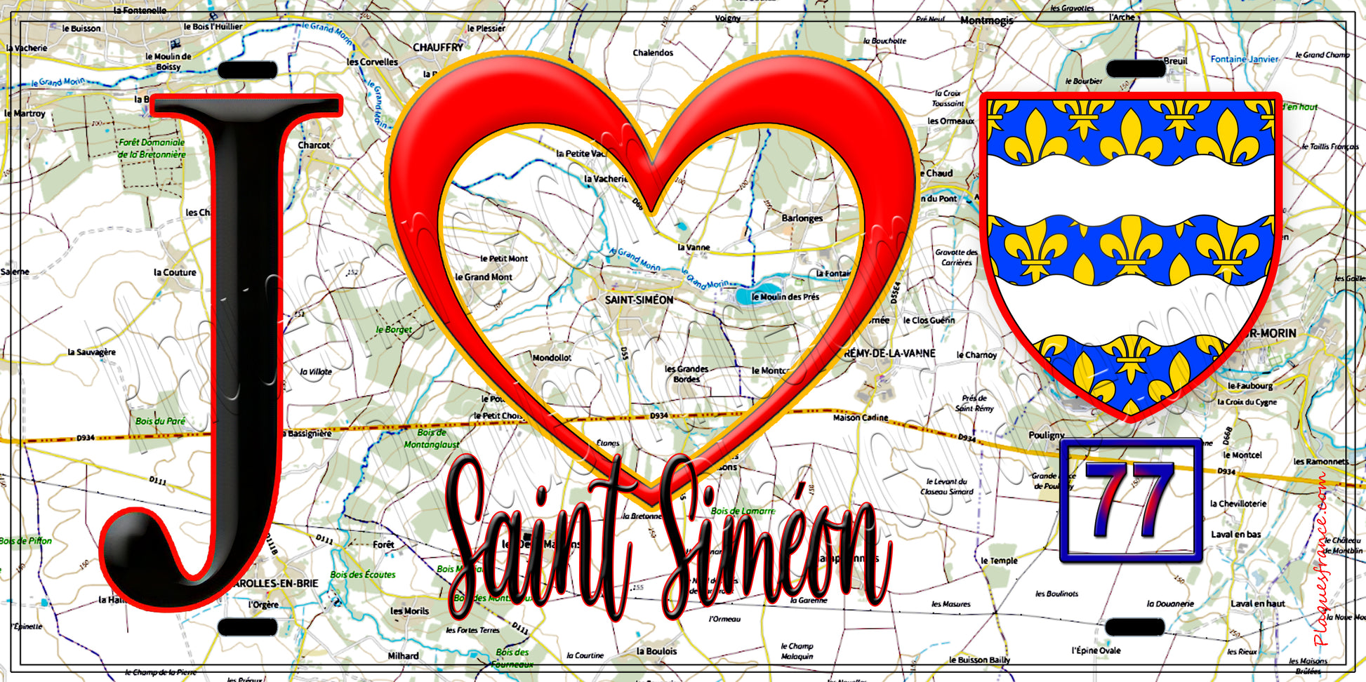 Plaque métal décorative  J' ❤️Saint-Siméon, Seine et Marne (77) fond carte