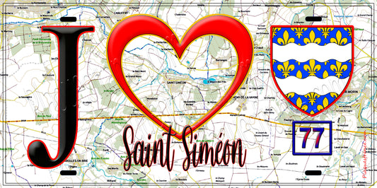 Plaque métal décorative  J' ❤️Saint-Siméon, Seine et Marne (77) fond carte