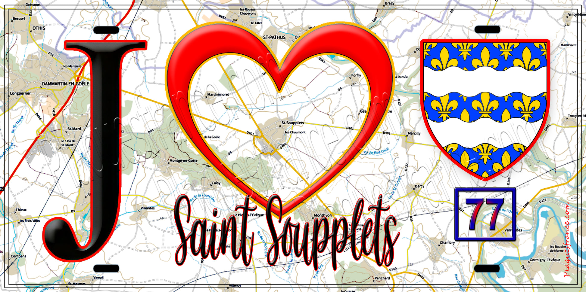 Plaque métal décorative  J' ❤️Saint-Soupplets, Seine et Marne (77) fond carte