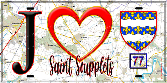 Plaque métal décorative  J' ❤️Saint-Soupplets, Seine et Marne (77) fond carte