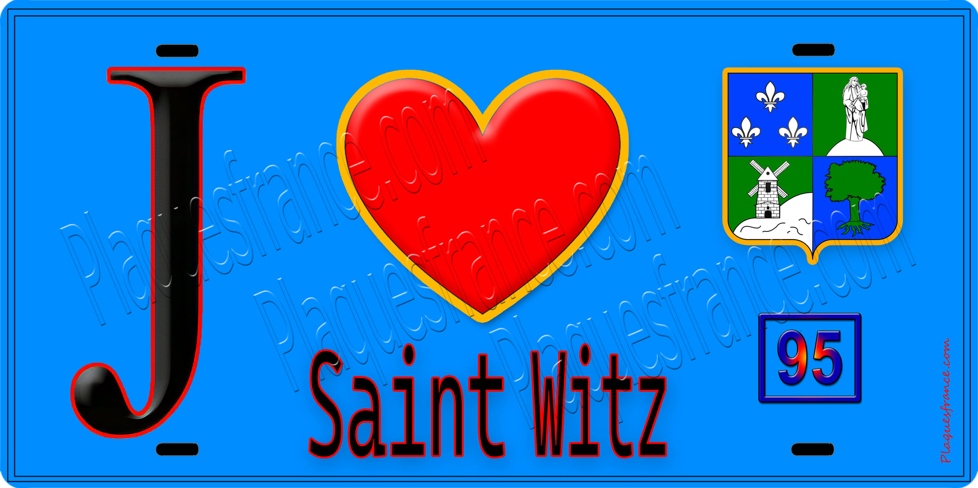 Plaque métal décorative  J' ❤️Saint-Witz, Val d'Oise (95) fond bleu