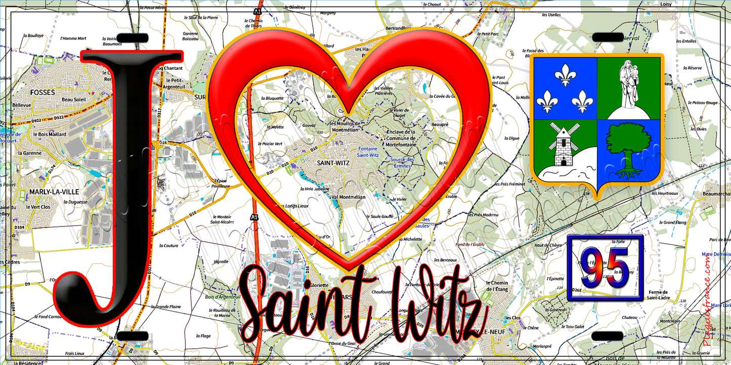 Plaque métal décorative  J' ❤️Saint-Witz, Val d'Oise (95) fond carte