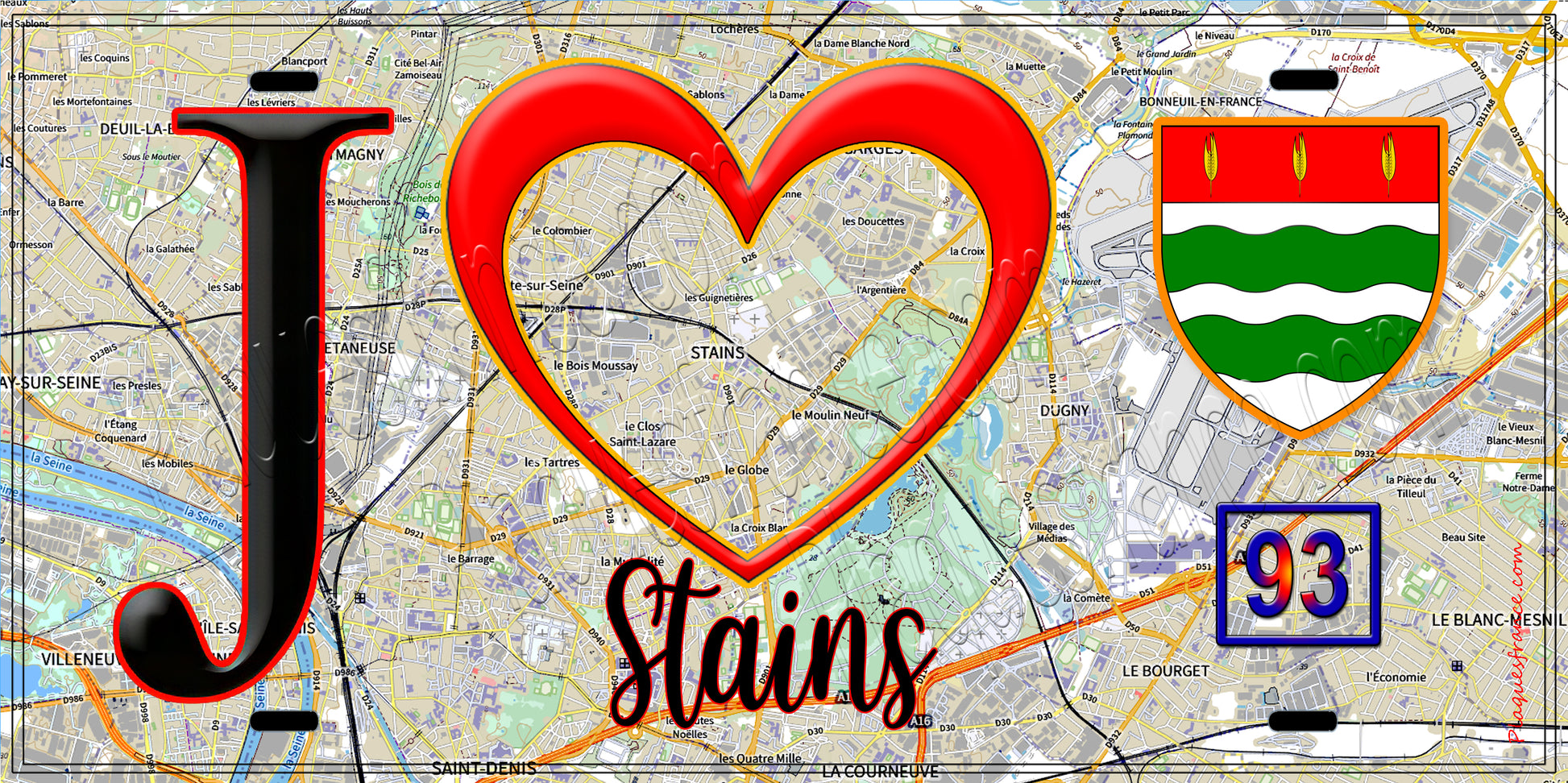 Plaque métal décorative  J' ❤️Stains, Seine Saint Denis (93) fond carte