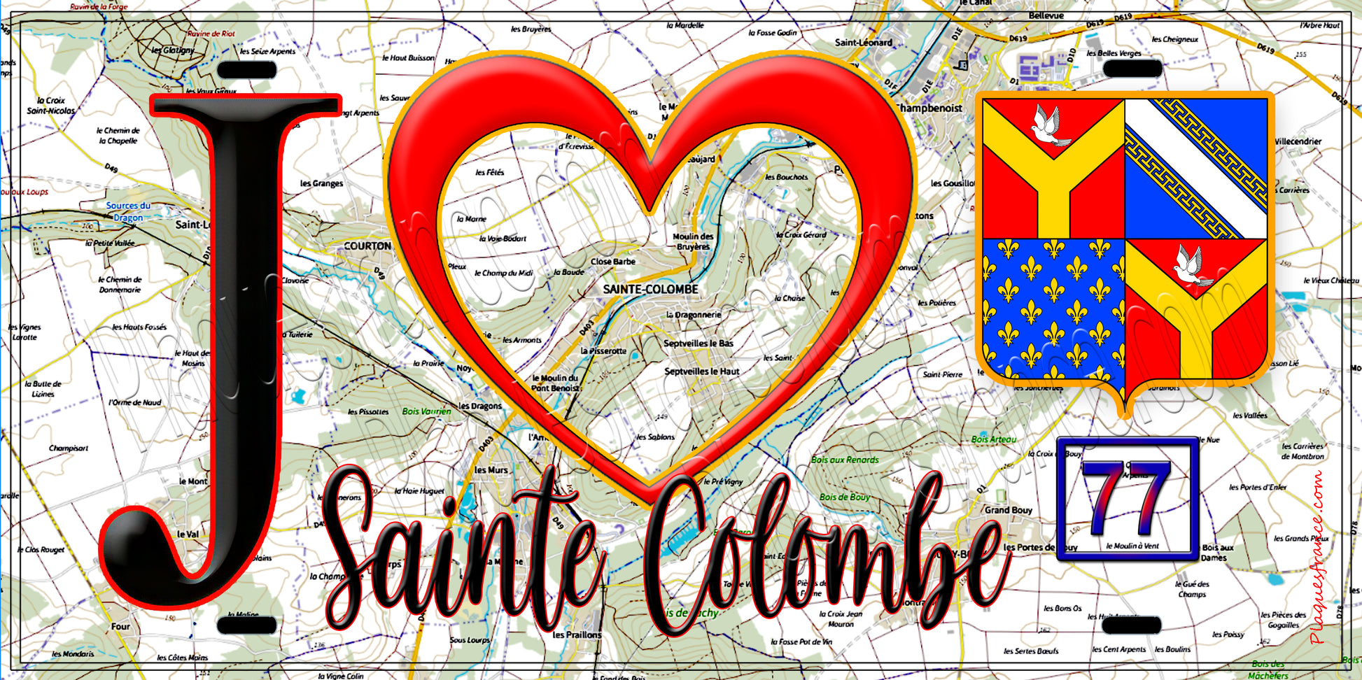 Plaque métal décorative  J' ❤️Sainte-Colombe, Seine et Marne (77) fond carte
