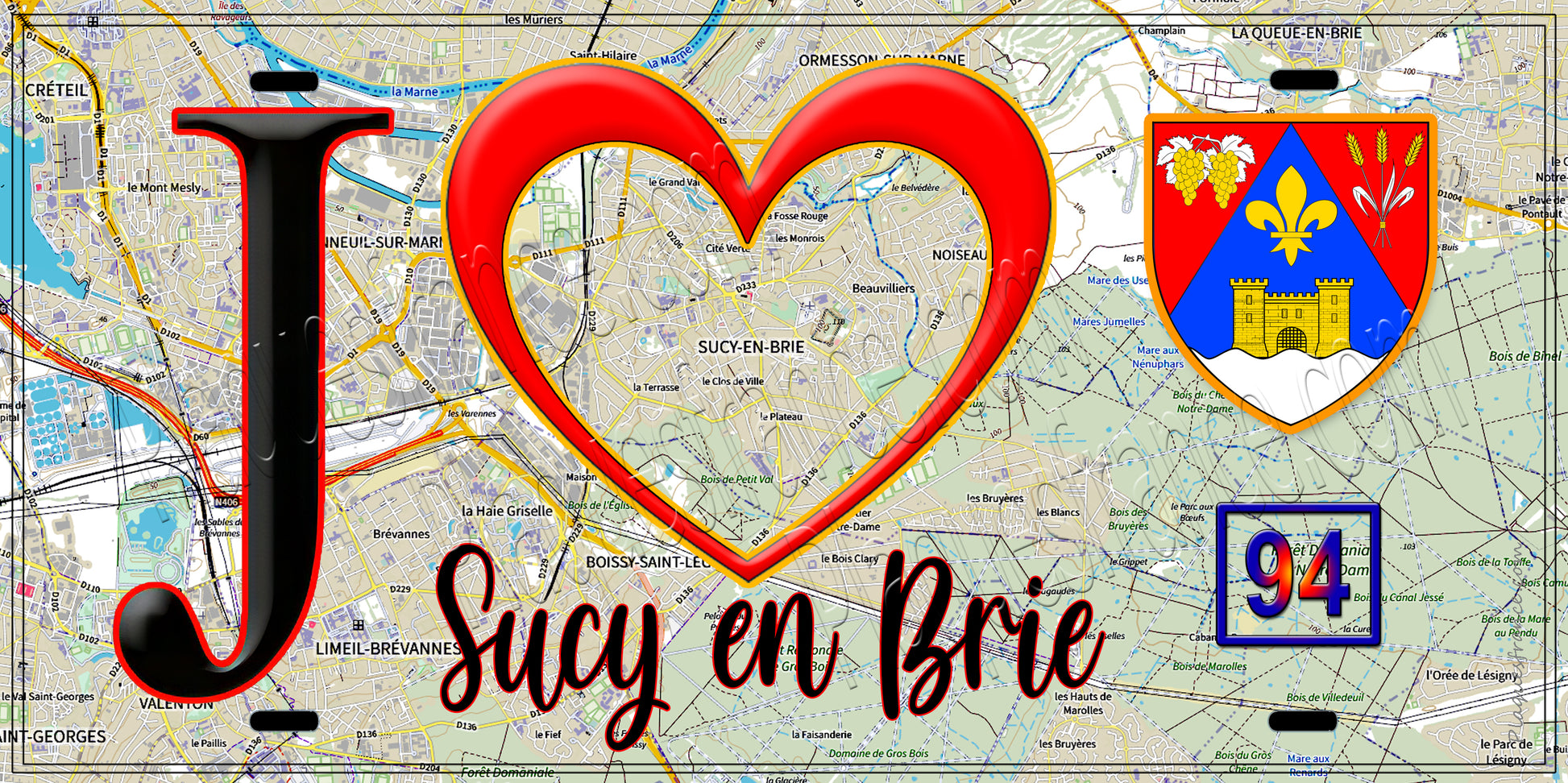 Plaque métal décorative  J' ❤️Sucy-en-Brie, Val de Marne (94) fond carte