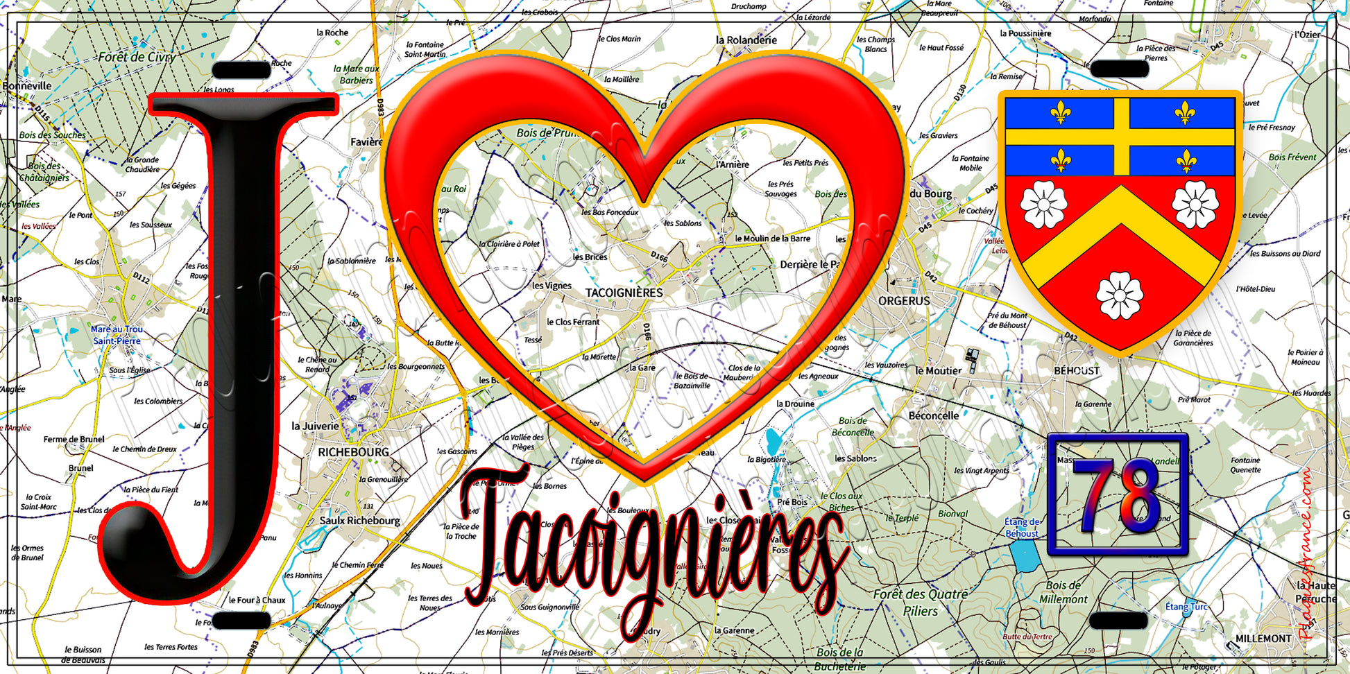 Plaque métal décorative  J' ❤️ Tacoignières, Yvelines (78) fond carte