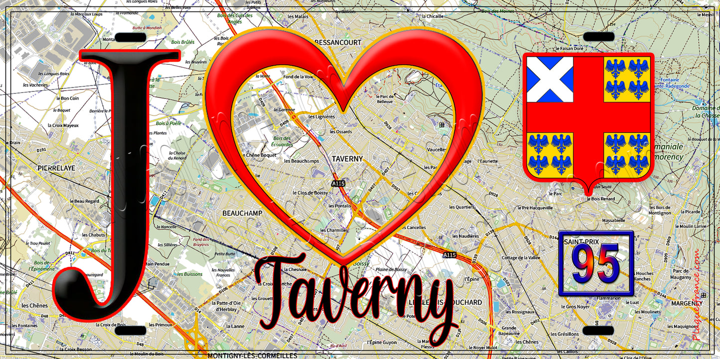 Plaque métal décorative  J' ❤️Taverny, Val d'Oise (95) fond carte