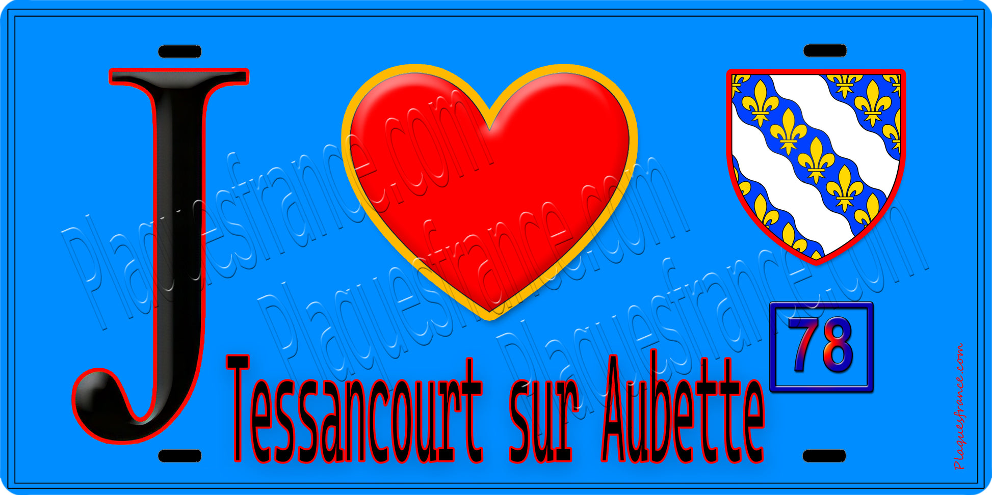 Plaque métal décorative  J' ❤️ Tessancourt-sur-Aubette, Yvelines (78) fond bleu