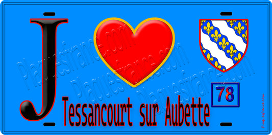 Plaque métal décorative  J' ❤️ Tessancourt-sur-Aubette, Yvelines (78) fond bleu