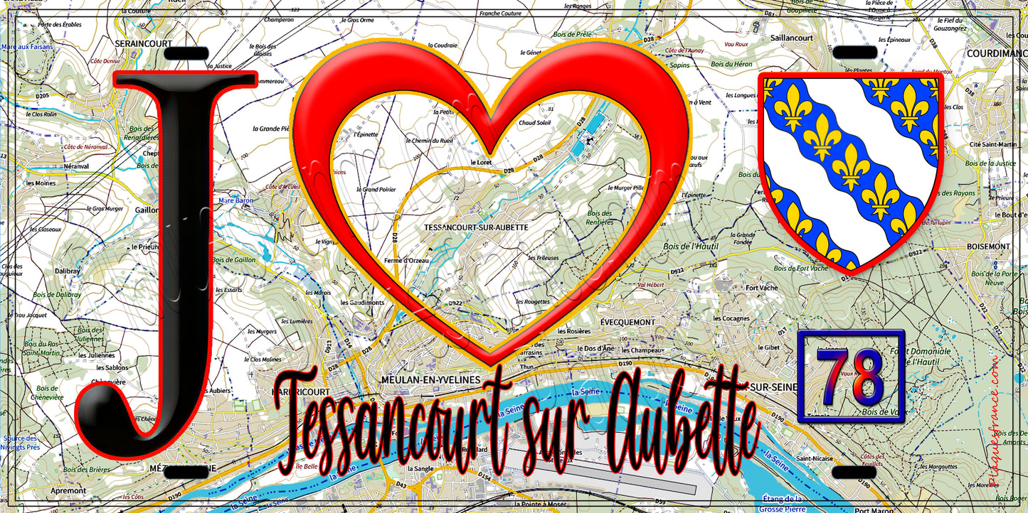 Plaque métal décorative  J' ❤️ Tessancourt-sur-Aubette, Yvelines (78) fond carte
