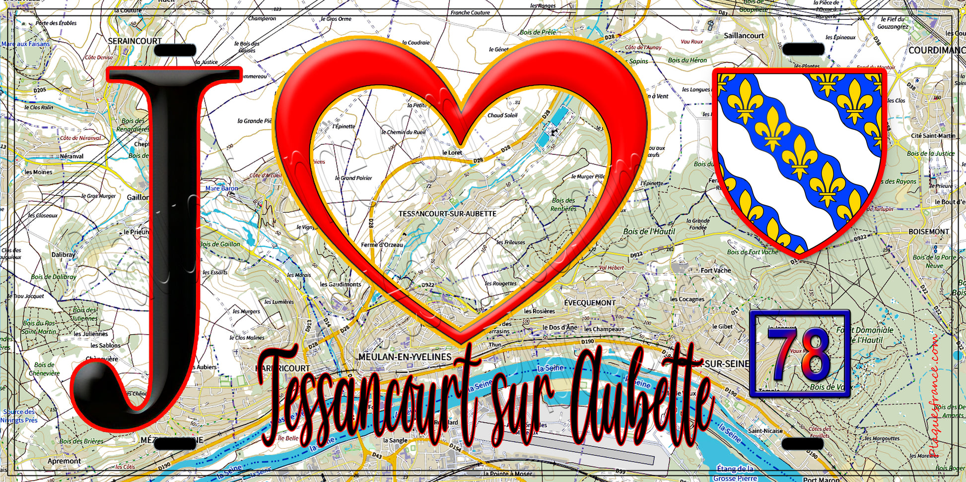 Plaque métal décorative  J' ❤️ Tessancourt-sur-Aubette, Yvelines (78) fond carte