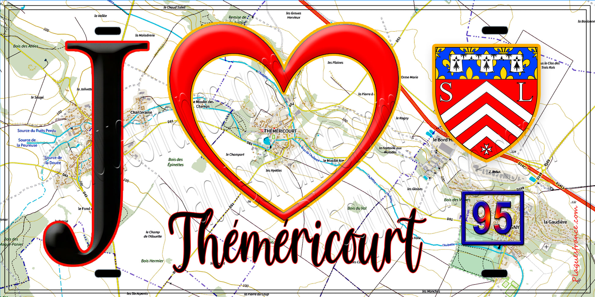 Plaque métal décorative  J' ❤️Théméricourt, Val d'Oise (95) fond carte