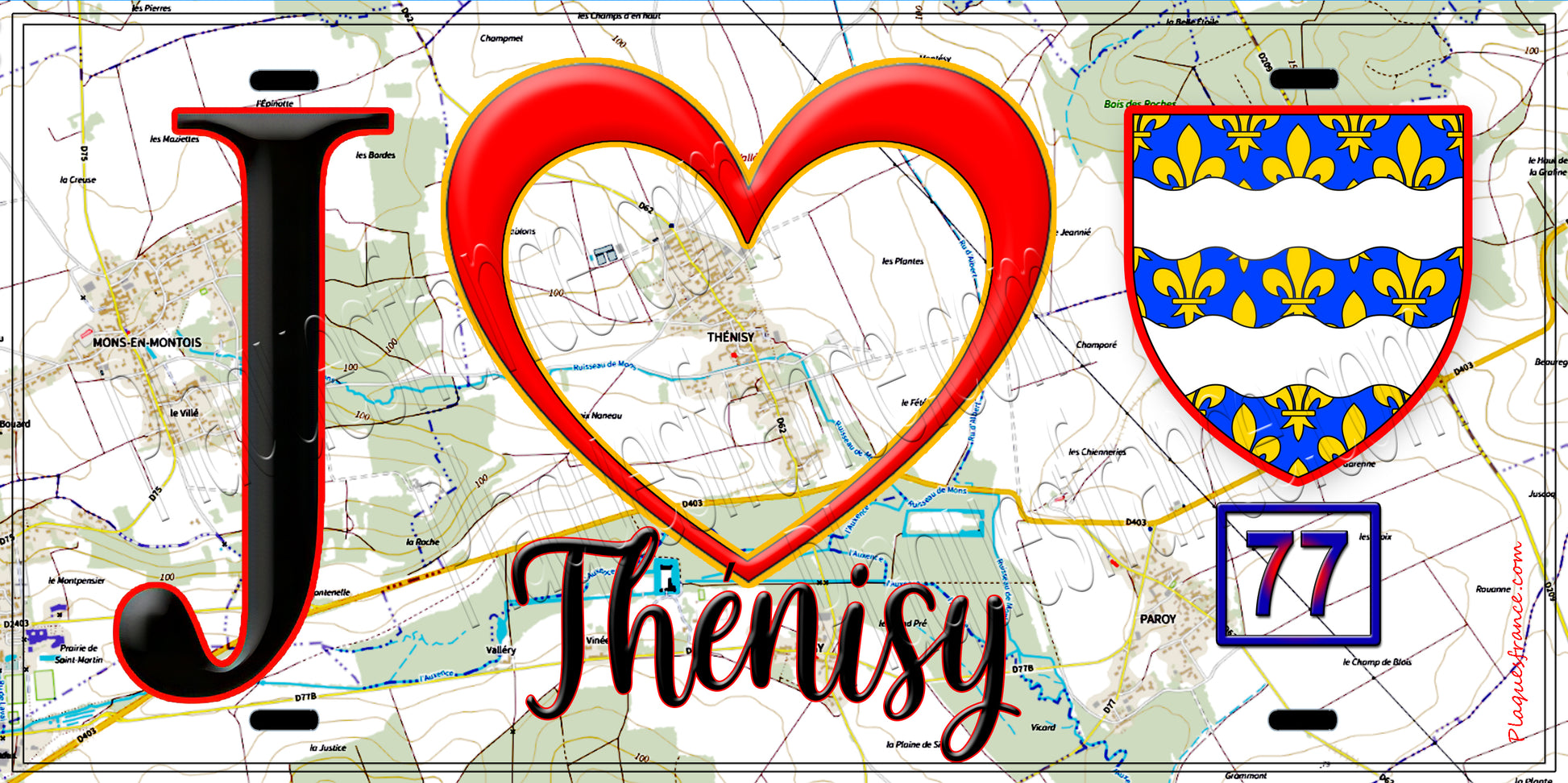 Plaque métal décorative  J' ❤️Thénisy, Seine et Marne (77) fond carte