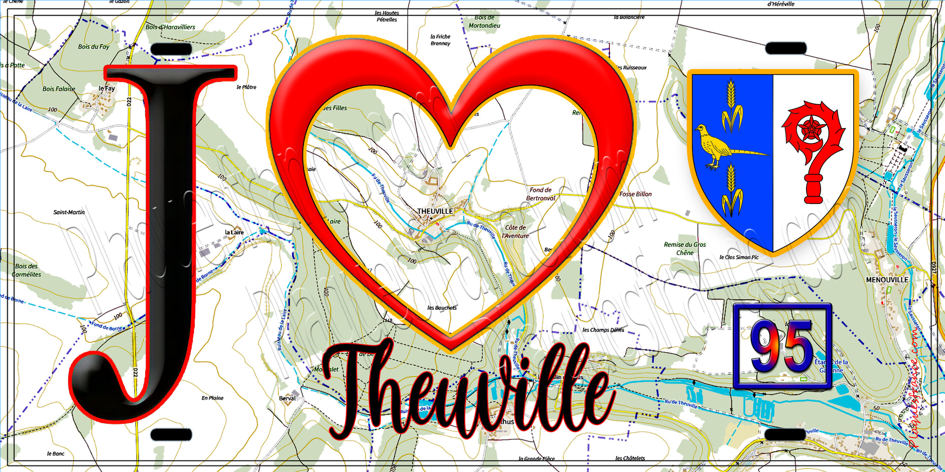 Plaque métal décorative  J' ❤️Theuville, Val d'Oise (95) fond carte