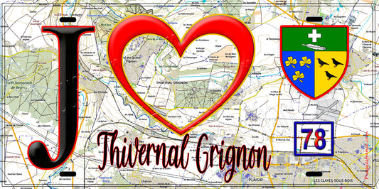 Plaque métal décorative  J' ❤️ Thiverval-Grignon, Yvelines (78) fond carte