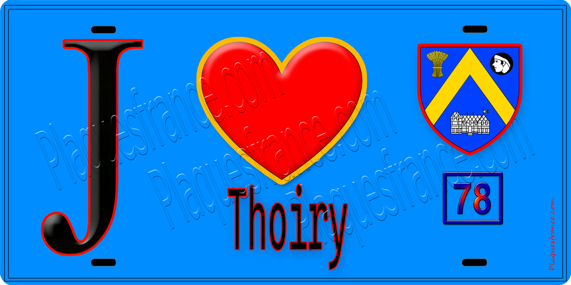 Plaque métal décorative  J' ❤️ Thoiry, Yvelines (78) fond bleu